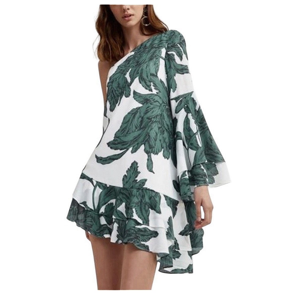 C/MEO COLLECTIVE One Shoulder Green White Tropical Floral Mini Party Dress XS